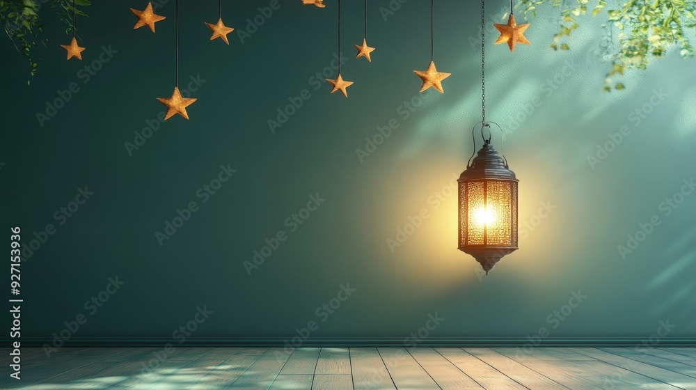 3D Rendering of a Simple Ramadan Background Featuring a Hanging Lantern and Star Decorations on a Pastel Green Wall, Ideal for Islamic Concept Banner Design with Ample Copy Space and Soft Shadows. 3D Rendering of a Simple Ramadan Background Featuring a Hanging Lantern and Star Decorations on a Pastel Green Wall, Ideal for Islamic Concept Banner Design with Ample Copy Space and Soft Shadows.