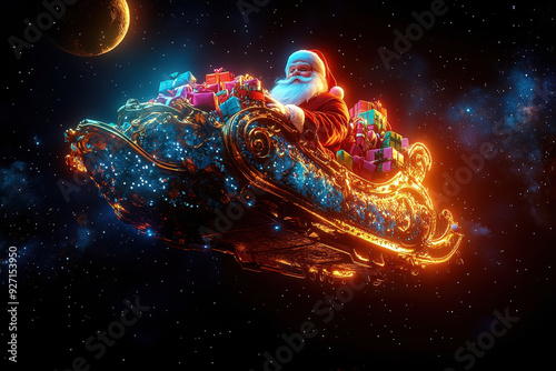 Santa Claus flying through space in an ornate sleigh photo