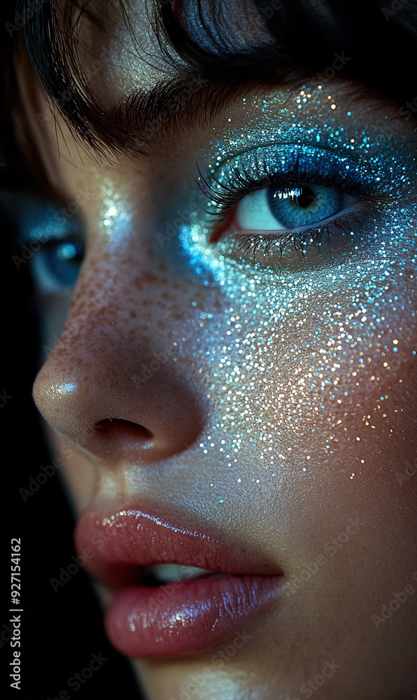 Fototapeta premium Close-up of a beautiful woman's face with smoky blue eyeshadow, dreamy and stunning gradient colors, perfect makeup
