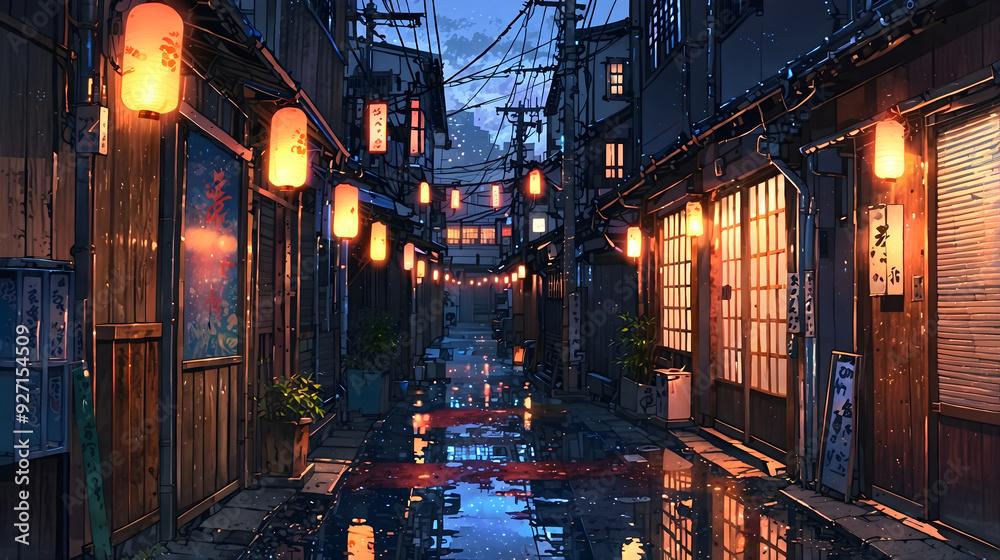 Cozy Japanese Alleyway Illuminated by Traditional Lanterns at Night Cozy Japanese Alleyway Illuminated by Traditional Lanterns at Night