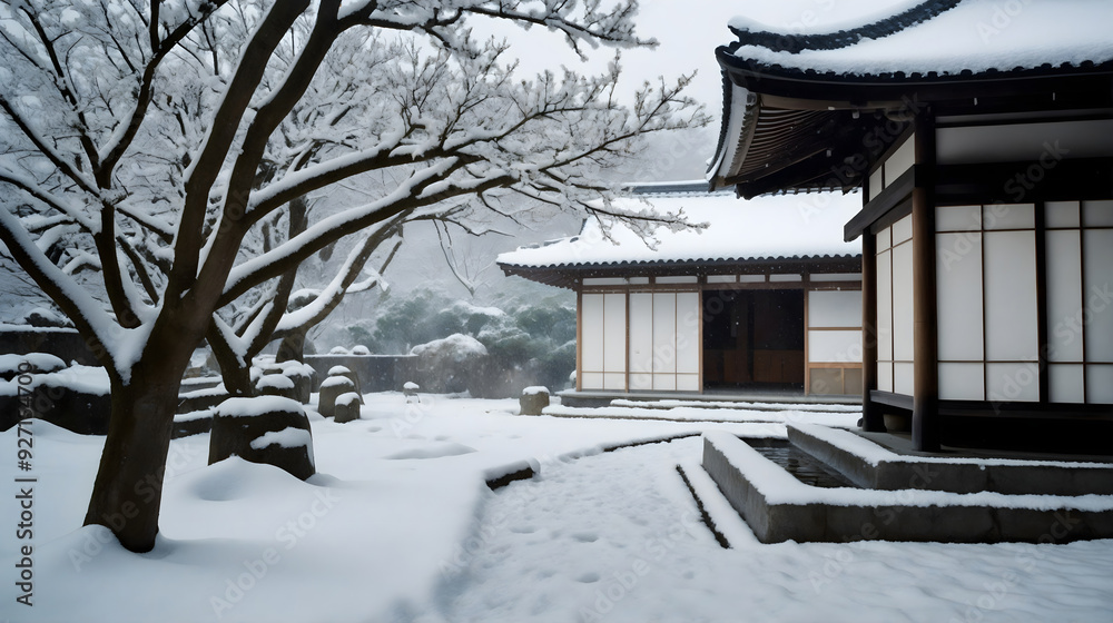 Snow-Covered Japanese Temple or houses in Winter Landscape Snow-Covered Japanese Temple or houses in Winter Landscape