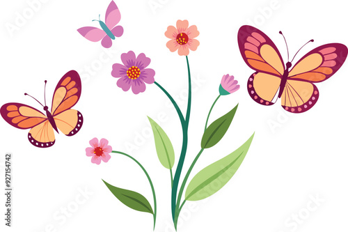 Butterflies flutter around a variety of colorful flowers amidst lush green leaves.