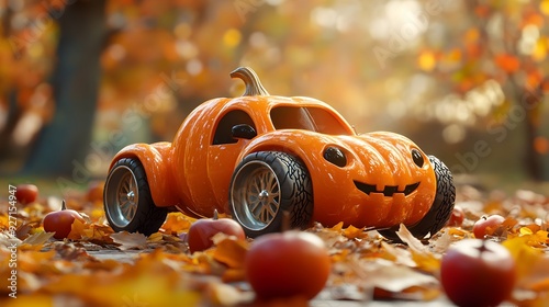 Charming 3D Rendered Pumpkin Toy Car with Apple Wheels in Autumn Setting photo