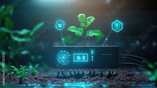 Minimalist smart electric pump nurturing a plant, symbolizing innovation in sustainable agriculture, Created with Generative AI. photo