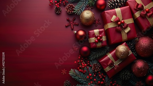 Luxury Christmas gifts and ornaments are arranged on a red background, offering an elegant Christmas background with presents and golden and red baubles in a top view.