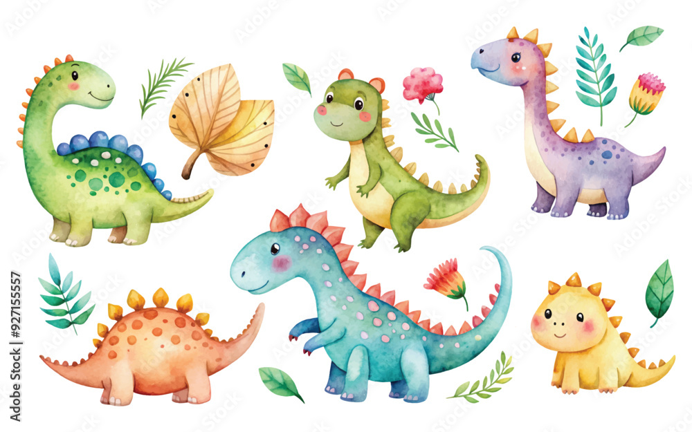 funny cute watercolor dinosaur set on white background vector illustration