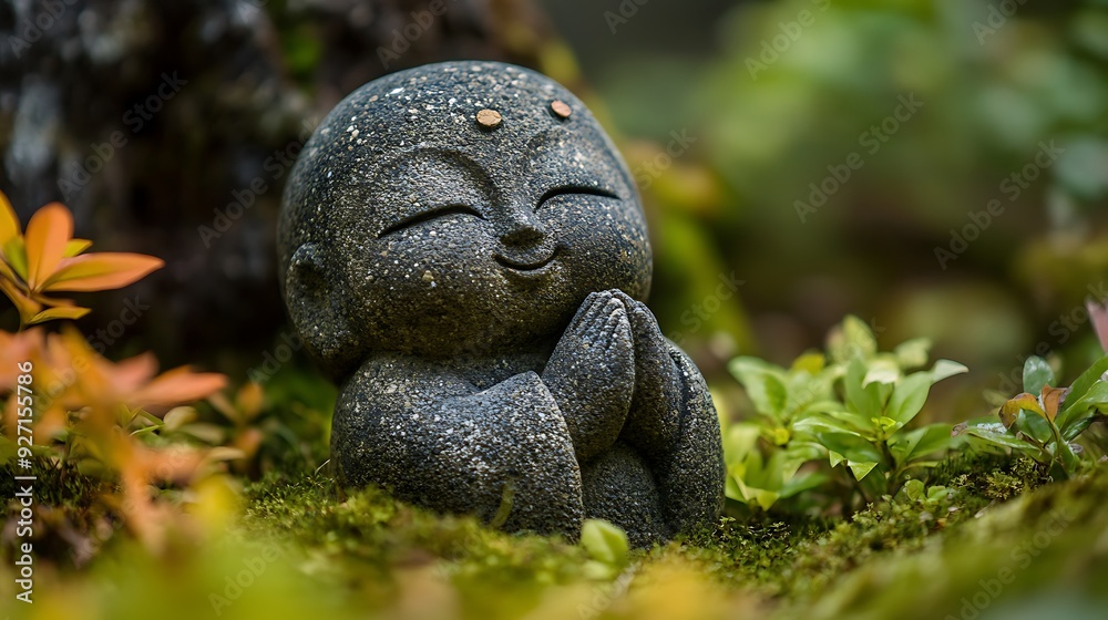 Stone Buddha statue with a closed eye, smiling, in a forest setting. Stone Buddha statue with a closed eye, smiling, in a forest setting.