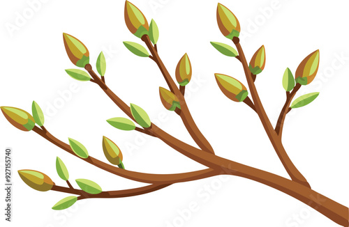 A tree branch displays fresh leaves and flower buds, symbolizing growth and renewal during spring.
