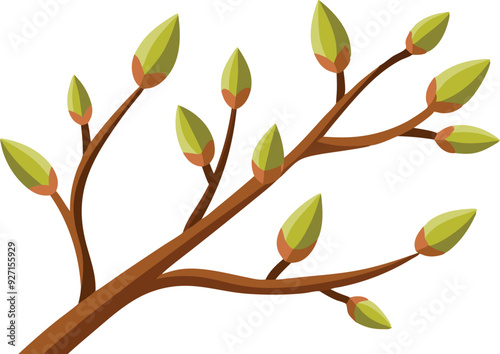 A tree branch displays fresh buds and green leaves in a colorful vector design.