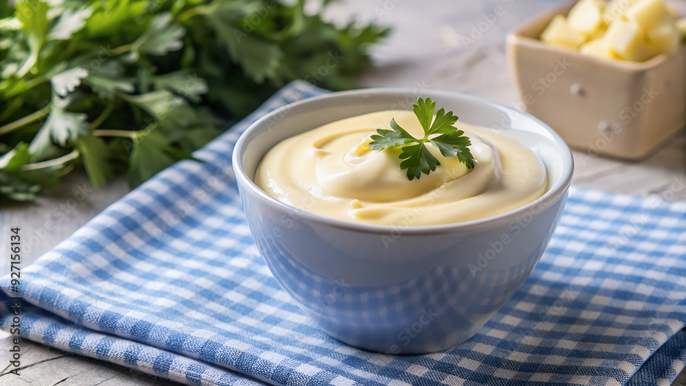 A bowl of thick cheese sauce with fresh parsley in the background. A bowl of thick cheese sauce with fresh parsley in the background.