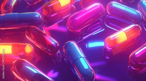 A 3D abstract design featuring bright medicine bottles and capsules glowing with health and vitality