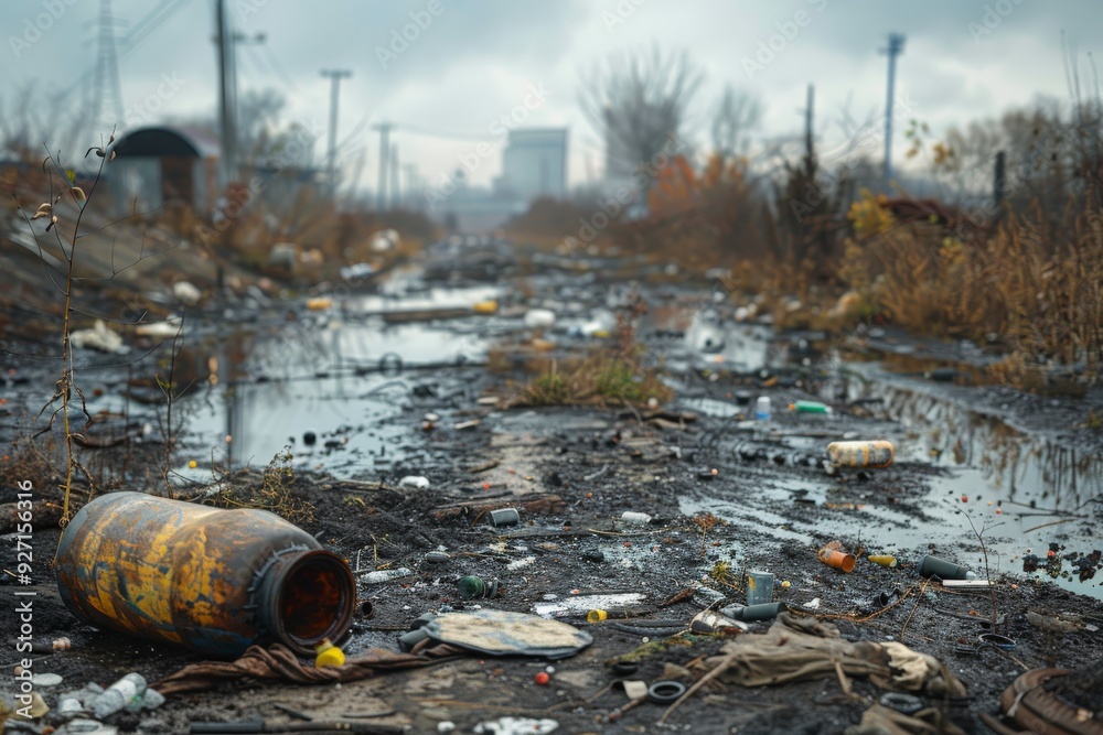 Mhe Environment A rusty barrel lies in a polluted stream bed, surrounded by trash ...
