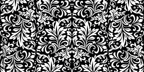 Floral pattern. Vintage wallpaper in the Baroque style. Seamless vector background. White and black ornament for fabric, wallpaper, packaging. Ornate Damask flower ornament.