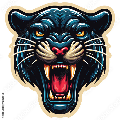 Fierce roaring black panther illustration in bold colors, isolated on white, wildlife graphic symbol