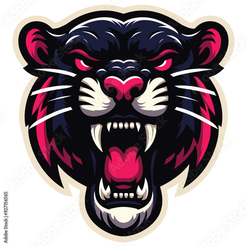 Fierce panther head illustration in bold colors, black and pink, logo or mascot design