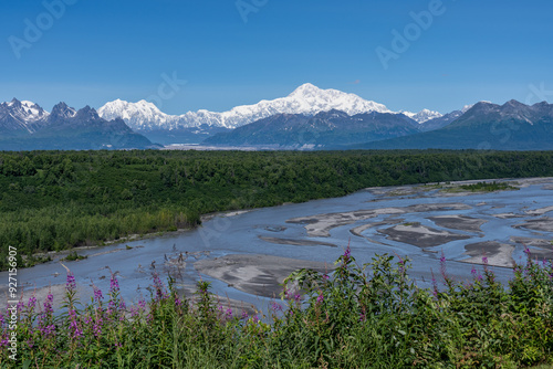 The Chulitna River is a 110 km long right tributary of the Susitna River in southern part of interior Alaska. Braided river / Braid bars, or mid-channel bars. Denali Viewpoint South	
 photo