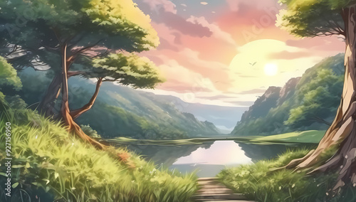 Fantasy anime forest lake trees woods cartoon blue sky