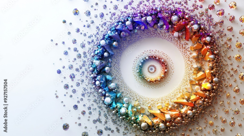 A vibrant spiral matrix of tiny stones, perfectly arranged in an intricate and dynamic design on a pure white background A vibrant spiral matrix of tiny stones, perfectly arranged in an intricate and dynamic design on a pure white background