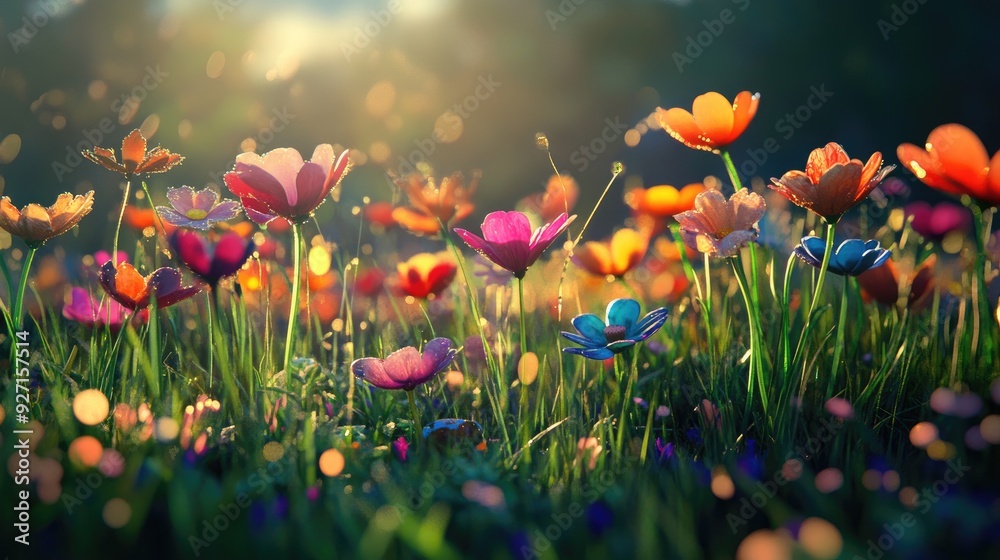 A vivid 3D abstract art piece of colorful flowers blooming in a vibrant grassy field under the warm glow of sunshine A vivid 3D abstract art piece of colorful flowers blooming in a vibrant grassy field under the warm glow of sunshine