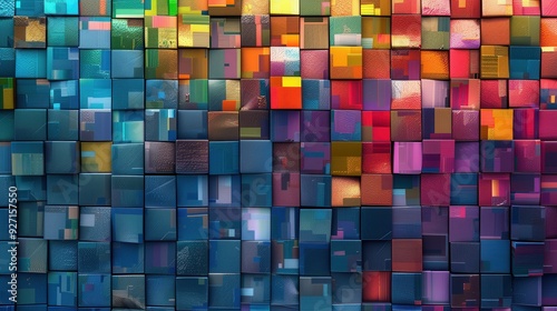 A digital illustration of a wall of colorful, 3D squares arranged in a repeating pattern. The squares are all different colors, and they are arranged in a way that creates a sense of depth and movemen photo