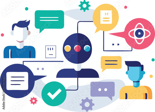 Users engage in conversation with a chatbot represented in a colorful vector design featuring chat bubbles and avatars.