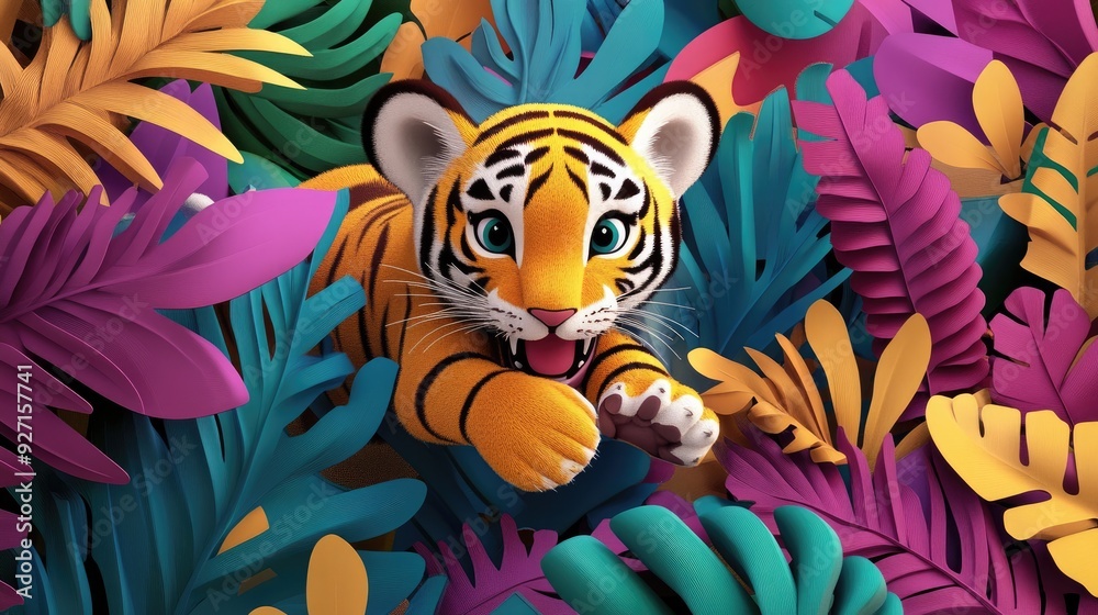 A vivid 3D vector of a joyful baby tiger, playfully pouncing through colorful jungle foliage A vivid 3D vector of a joyful baby tiger, playfully pouncing through colorful jungle foliage