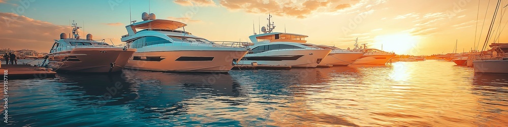 Luxury yachts in port at sunset. Modern motor boats. Yacht Luxury yachts in port at sunset. Modern motor boats. Yacht