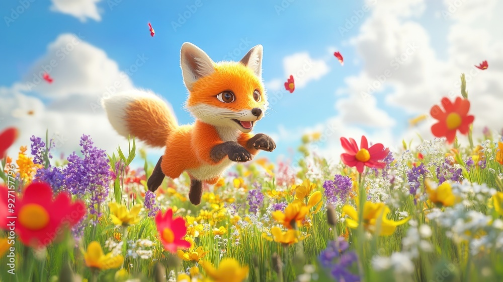 A vivid 3D vector of a playful fox cub, jumping through a field of colorful wildflowers A vivid 3D vector of a playful fox cub, jumping through a field of colorful wildflowers