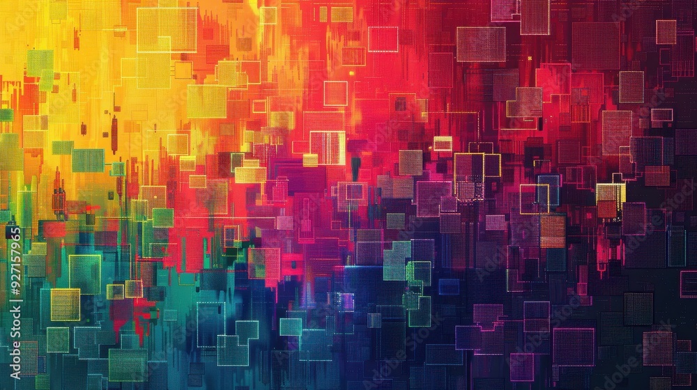 A digital artwork featuring a vibrant background of yellow, orange, red, purple, and blue hues. Superimposed over the colorful background are various sized squares with thin outlines, some of which ha A digital artwork featuring a vibrant background of yellow, orange, red, purple, and blue hues. Superimposed over the colorful background are various sized squares with thin outlines, some of which ha