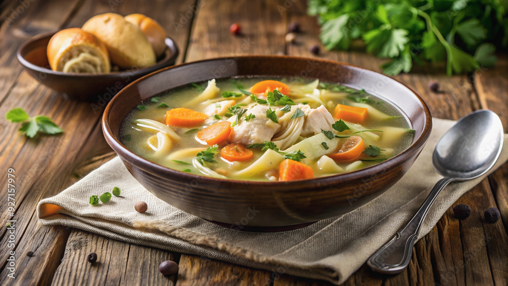Aromatic chicken soup in a bowl, bread and parsley on a rustic table.
Aromatic chicken soup in a bowl, bread and parsley on a rustic table.