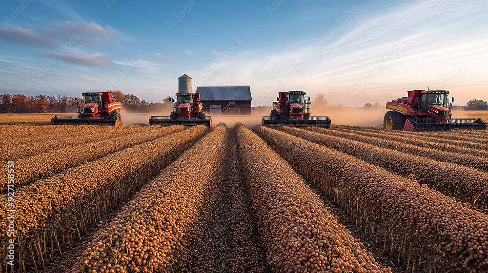 Fototapeta premium Combine harvesters working on a soybean farm with red barn in autumn morning light.