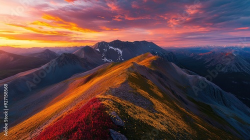 Aerial view of a mountain ridge with bright yellow and red wildflowers spreading across the slopes under a vibrant sunset