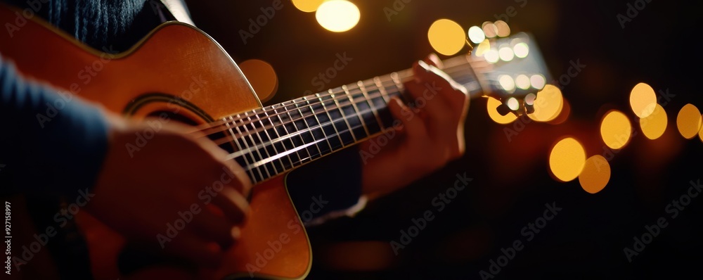 Obraz premium Closeup of a musician's hand playing an acoustic guitar.