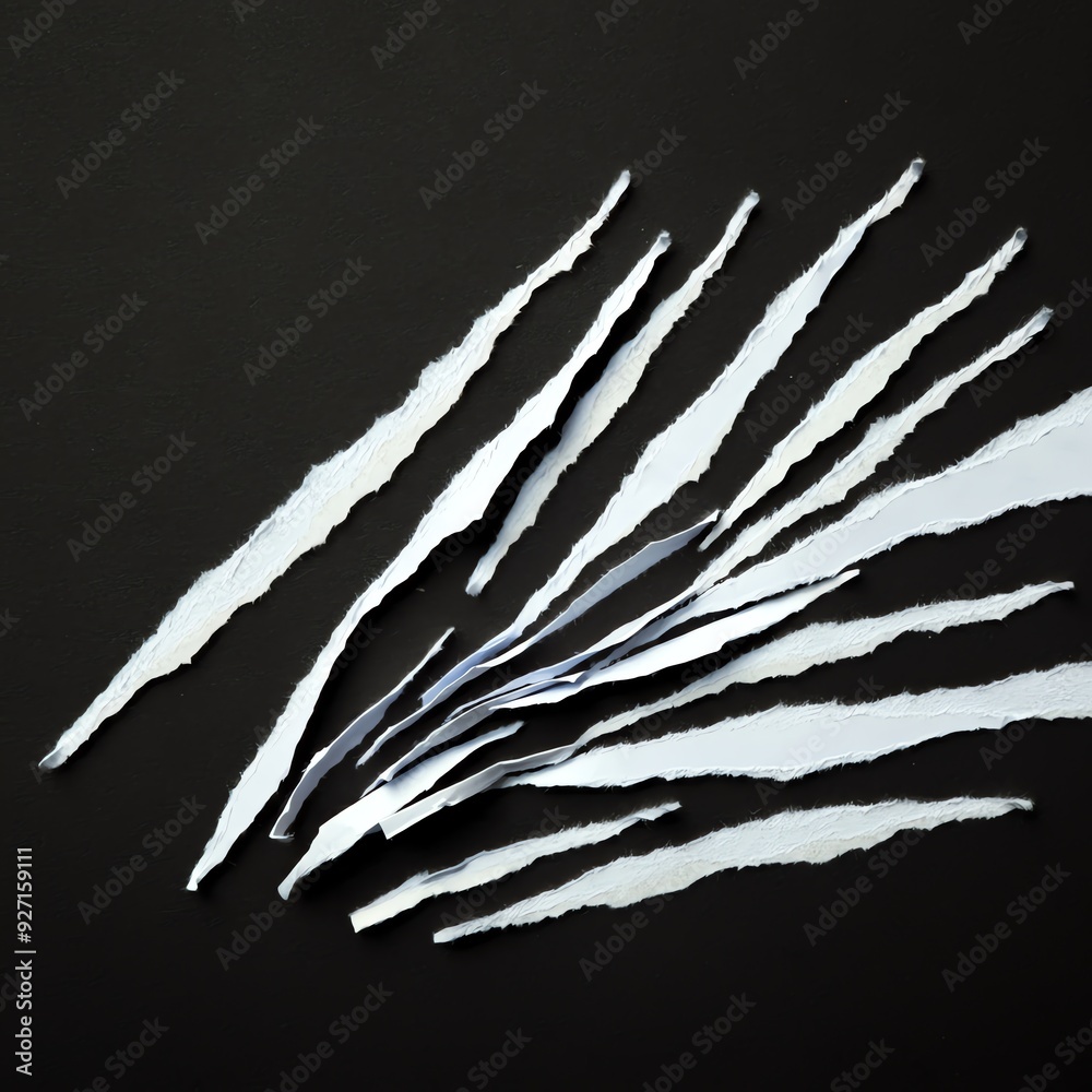 Isolated on a black background, strips of white paper exhibit torn edges and a ripped appearance