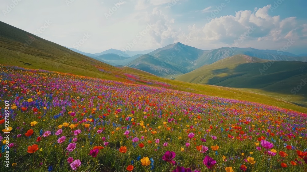 Bird's eye view of a vibrant mountain meadow in full bloom, with bright flowers spreading out towards the distant horizon Bird's eye view of a vibrant mountain meadow in full bloom, with bright flowers spreading out towards the distant horizon