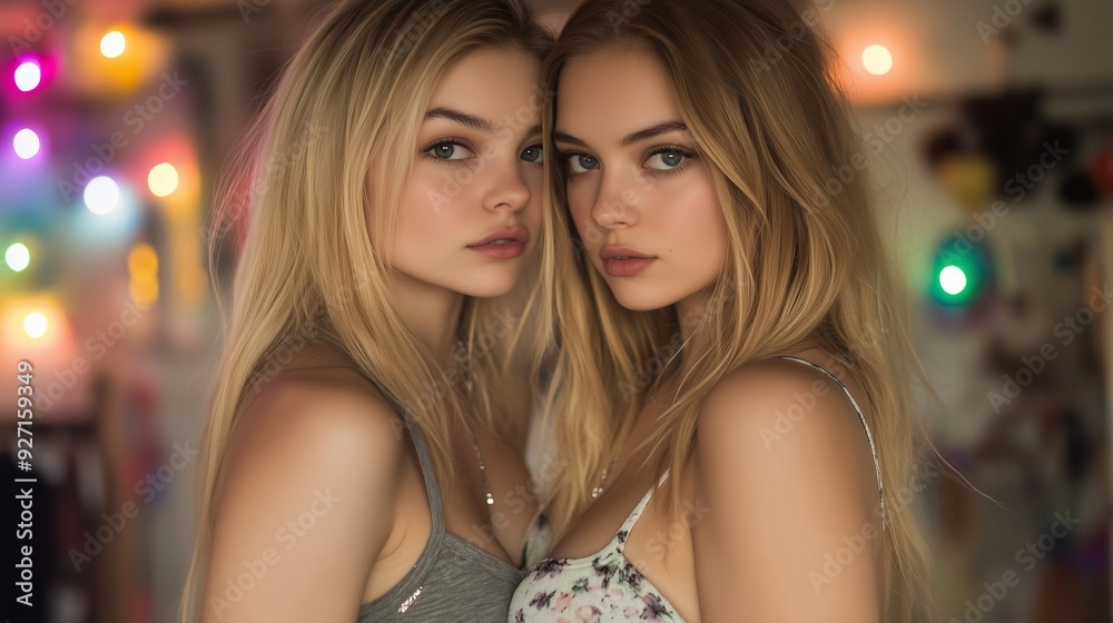 Close-up of Two Beautiful Young Women Embracing with Colorful Lights in the Background Close-up of Two Beautiful Young Women Embracing with Colorful Lights in the Background