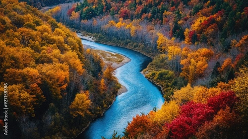 Bird's eye view of a winding mountain river flanked by colorful trees in full autumn splendor, creating a natural masterpiece