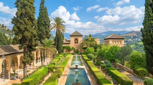 A view of the Generalife Gardens in Granada, Spain, on a sunny day. The image showcases the manicured gardens, fountains, and a glimpse of the Alhambra Palace. Green foliage, blue skies, and a lush la
