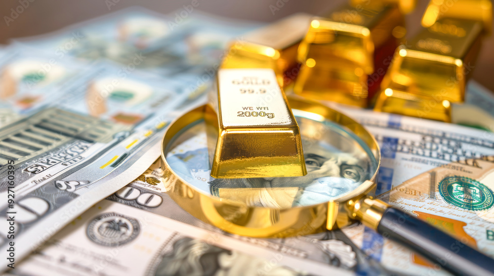 A magnifying glass focuses on financial charts surrounded by gold bars and dollar bills, illustrating the connection between currency and trading trends