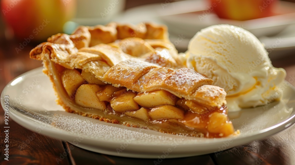 A slice of apple pie, dusted with powdered sugar, sits on a white plate next to a scoop of vanilla ice cream. The pie has a flaky crust and is filled with sweet apples and caramel. The plate is on a w