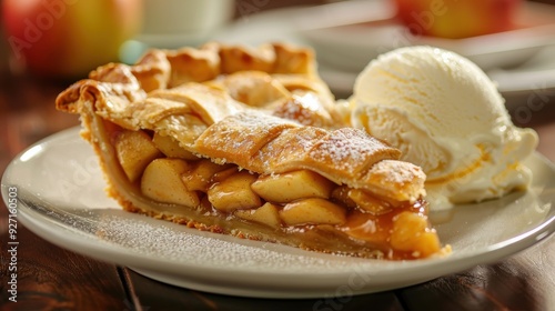 A slice of apple pie, dusted with powdered sugar, sits on a white plate next to a scoop of vanilla ice cream. The pie has a flaky crust and is filled with sweet apples and caramel. The plate is on a w photo