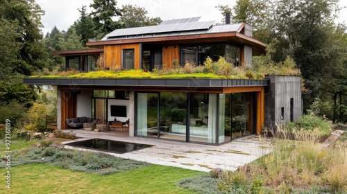 Sustainable Living: Eco-Friendly Home with Solar Panels, Green Roof, and Landscaping