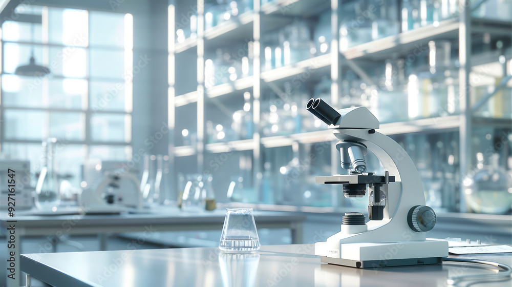 A well-lit laboratory showcases a microscope at the center, surrounded by shelves filled with glass dishes and vibrant details