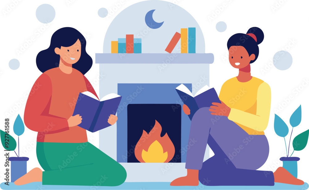 Two women sit on the floor in front of a fireplace, each reading a book. A fire crackles in the fireplace. Two women sit on the floor in front of a fireplace, each reading a book. A fire crackles in the fireplace.