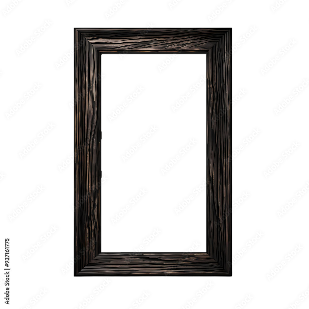 Fototapeta premium A dark wooden frame with visible grain stands isolated on a black background, offering a blank canvas for creative inspiration.