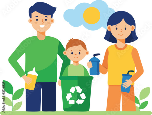 A family actively recycling, with drinks in hand, surrounded by plants
