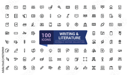 Writing and literature icons. Contains such icons as hand writing, calligraphy, study and more. Pixel perfect, minimalistic web and UI icon. Outline icon collections.