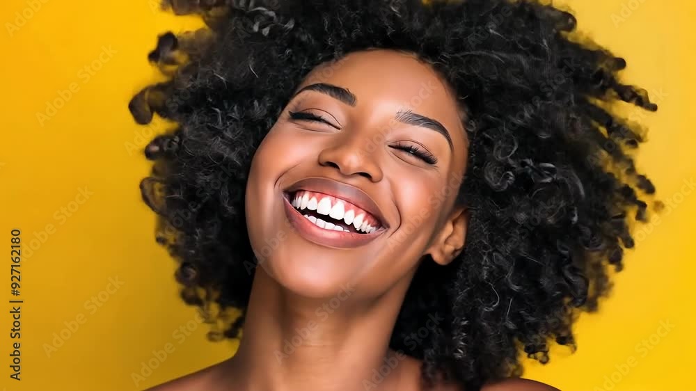 Radiant smile of joyful young woman with curly hair on yellow