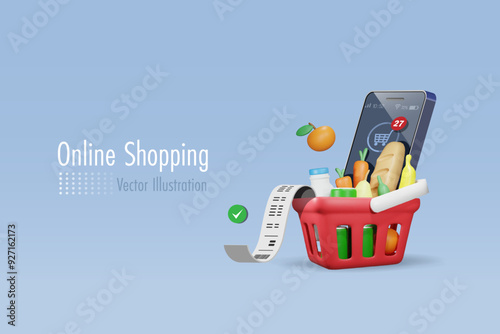 Online shopping and delivery on mobile app. Grocery shopping basket with foods product and bill receipt. Smart home delivery service, wireless technology. 3D vector.