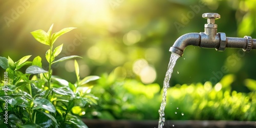 Water flowing from a tap in a lush green garden.